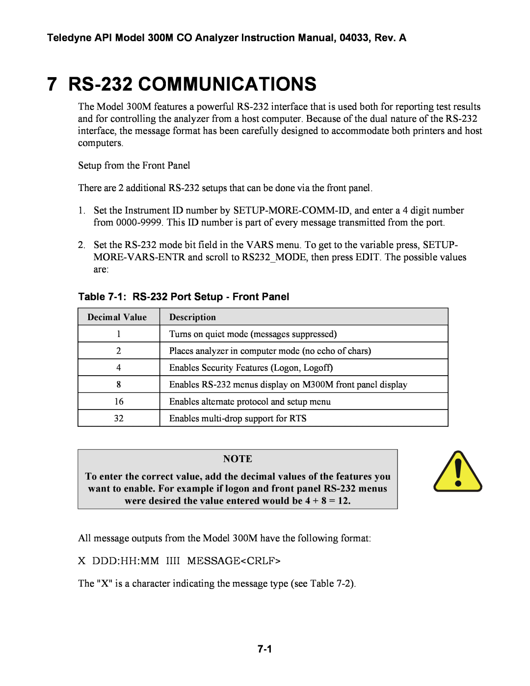 Teledyne 300M instruction manual 7 RS-232COMMUNICATIONS, 1 RS-232Port Setup - Front Panel 