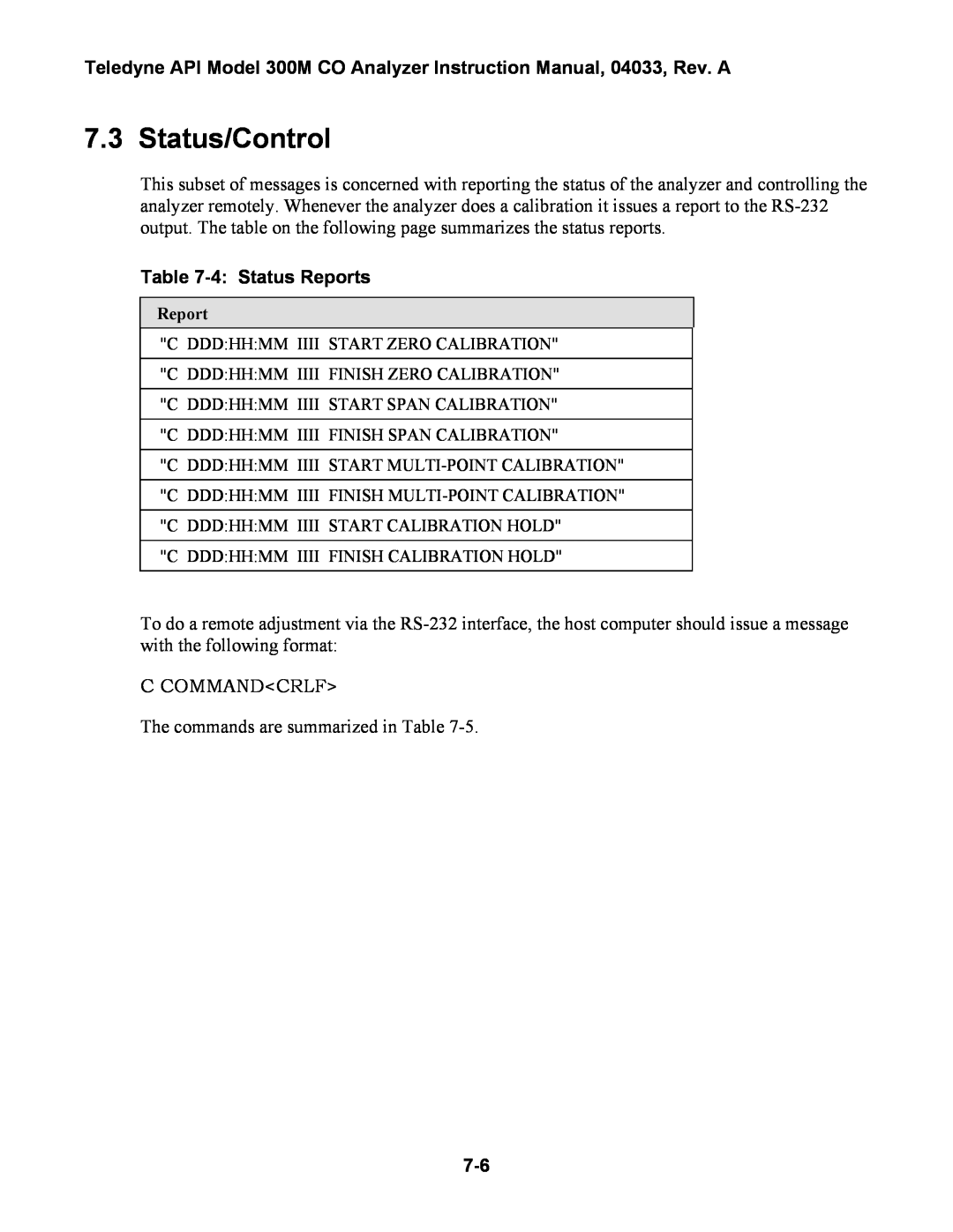 Teledyne 300M instruction manual Status/Control, 4 Status Reports 