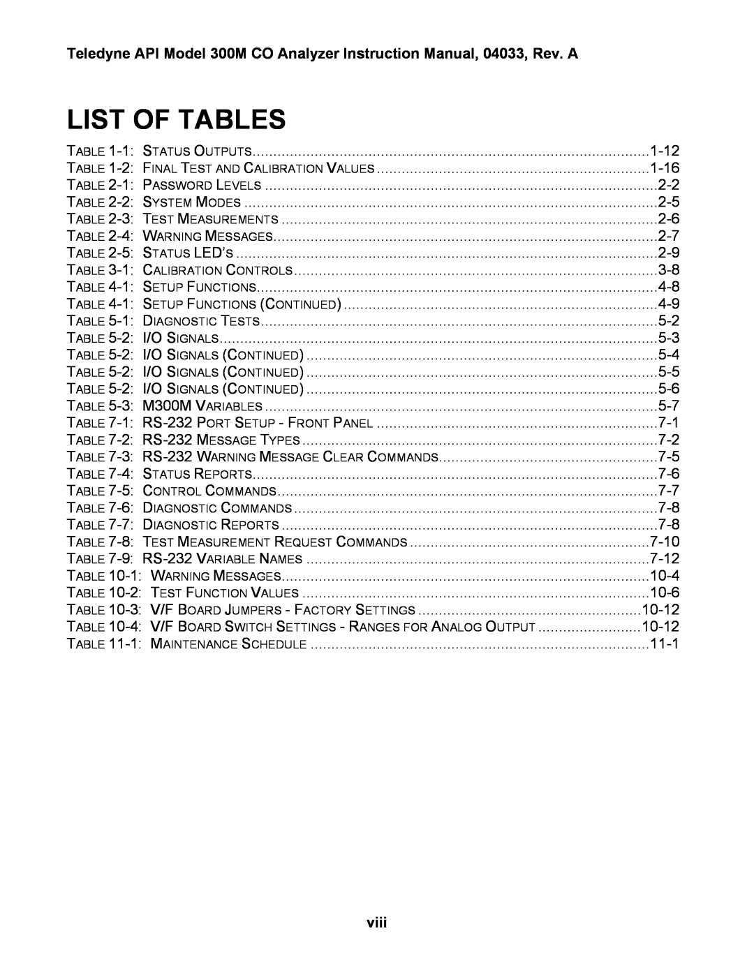 Teledyne 300M instruction manual List Of Tables, viii 