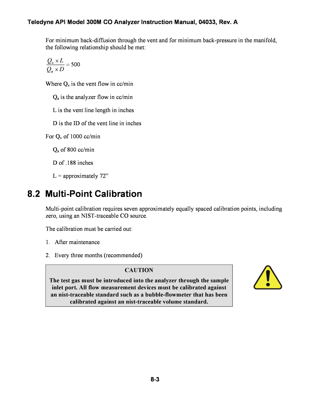 Teledyne 300M instruction manual Multi-PointCalibration, Qv × L = Qa × D 