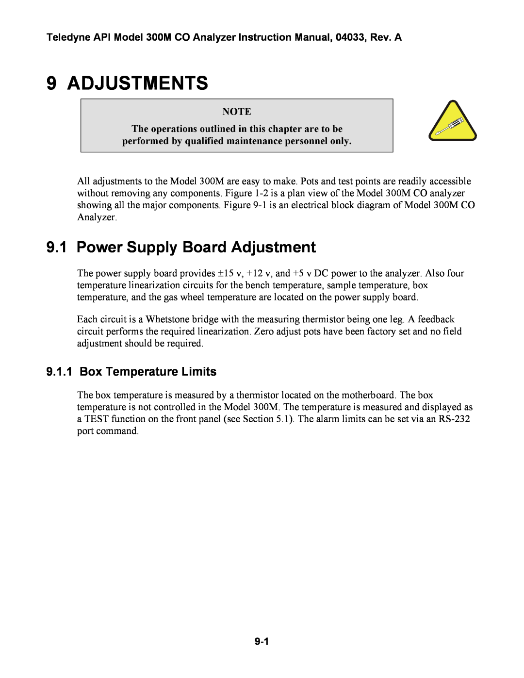 Teledyne 300M instruction manual Adjustments, Power Supply Board Adjustment, Box Temperature Limits 