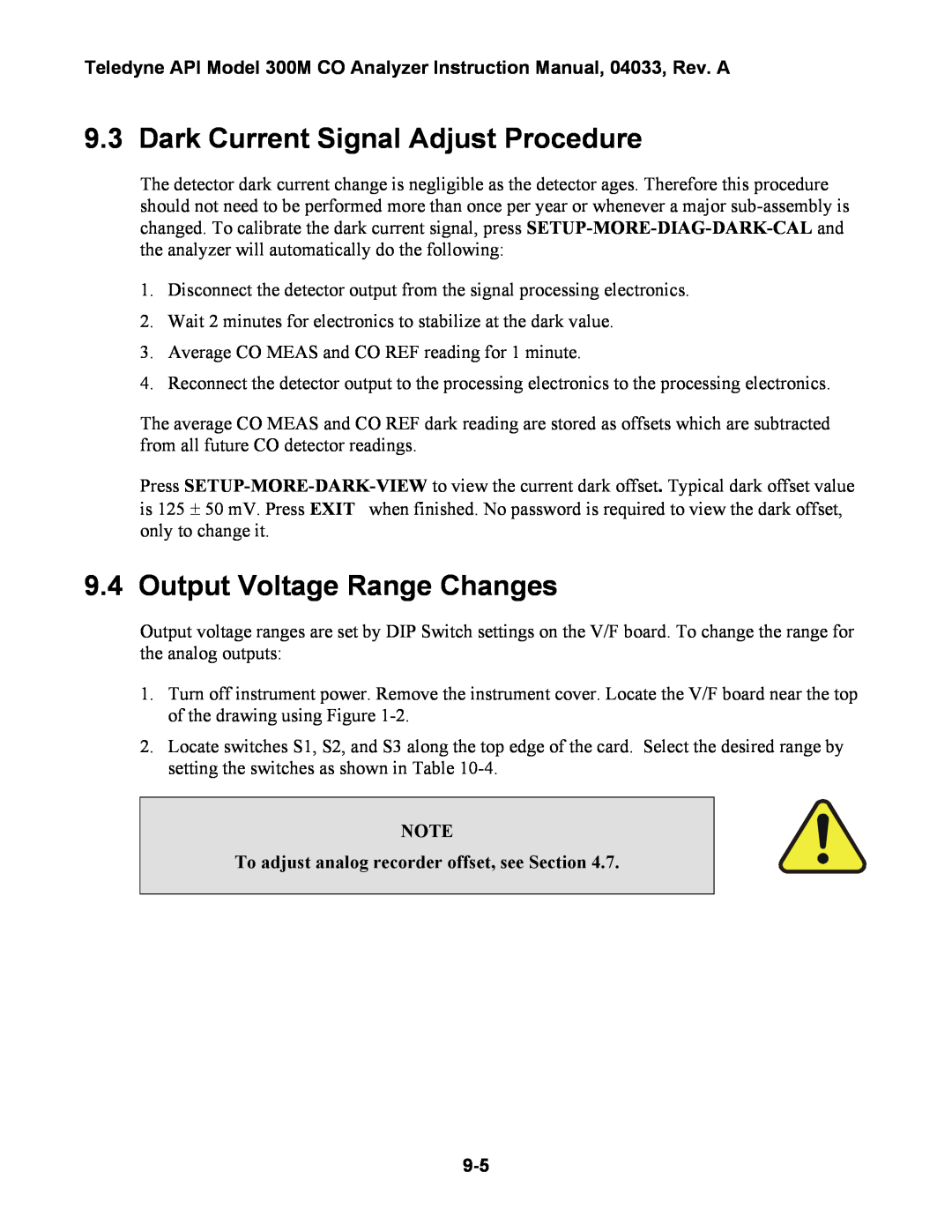 Teledyne 300M instruction manual Dark Current Signal Adjust Procedure, Output Voltage Range Changes 