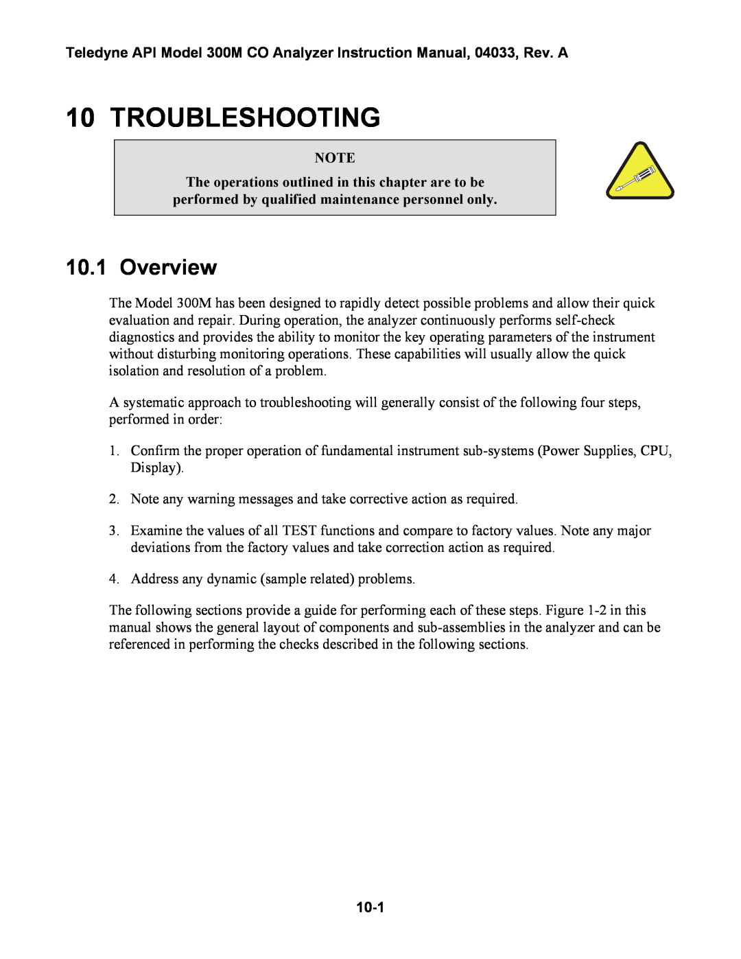 Teledyne 300M instruction manual Troubleshooting, Overview, 10-1 