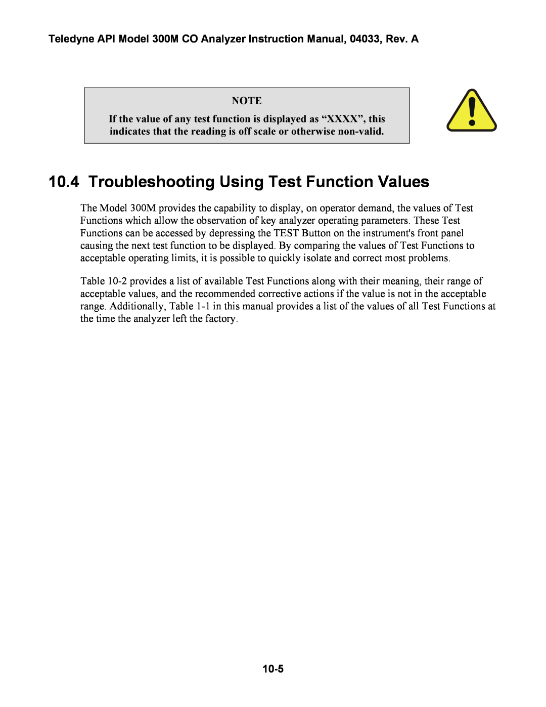 Teledyne 300M instruction manual Troubleshooting Using Test Function Values, 10-5 