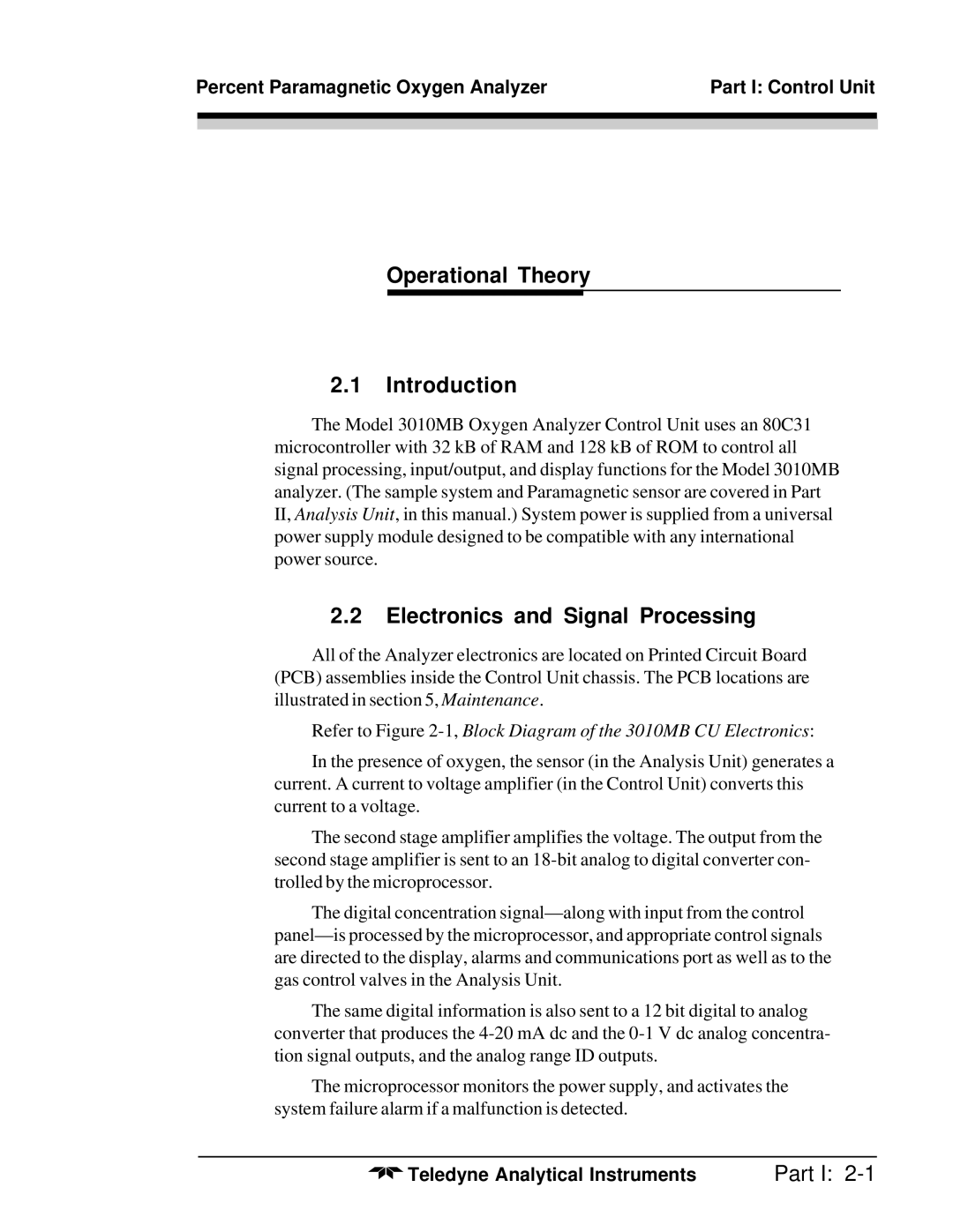 Teledyne 3010MB operating instructions Operational Theory Introduction, Electronics and Signal Processing 