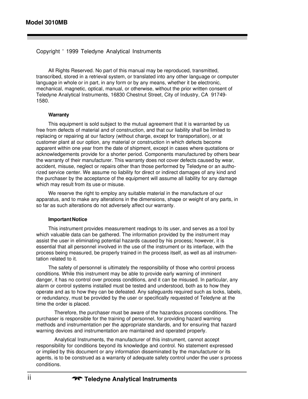 Teledyne operating instructions Model 3010MB, Copyright 1999 Teledyne Analytical Instruments 