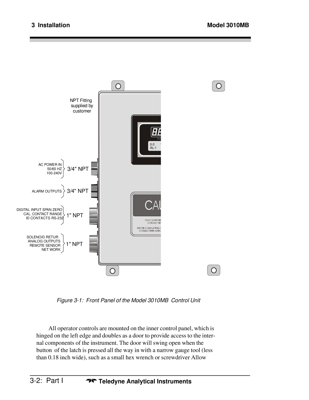 Teledyne operating instructions Installation Model 3010MB, Npt 