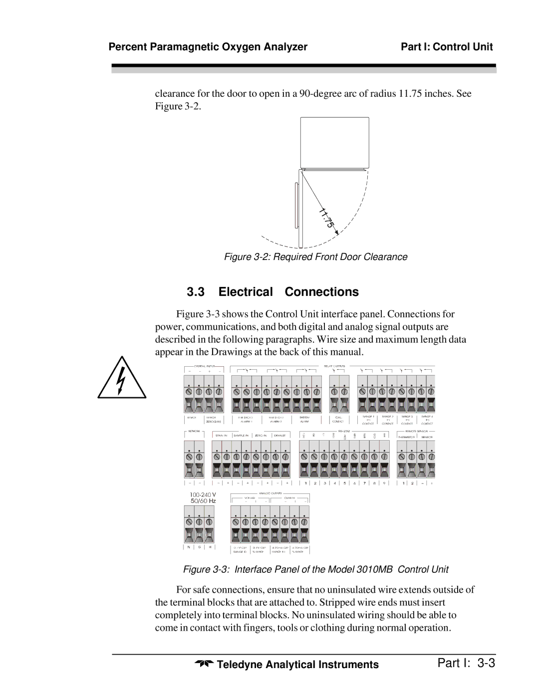 Teledyne 3010MB operating instructions Electrical Connections, Required Front Door Clearance 