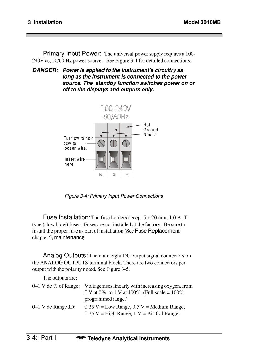 Teledyne 3010MB operating instructions Primary Input Power Connections 