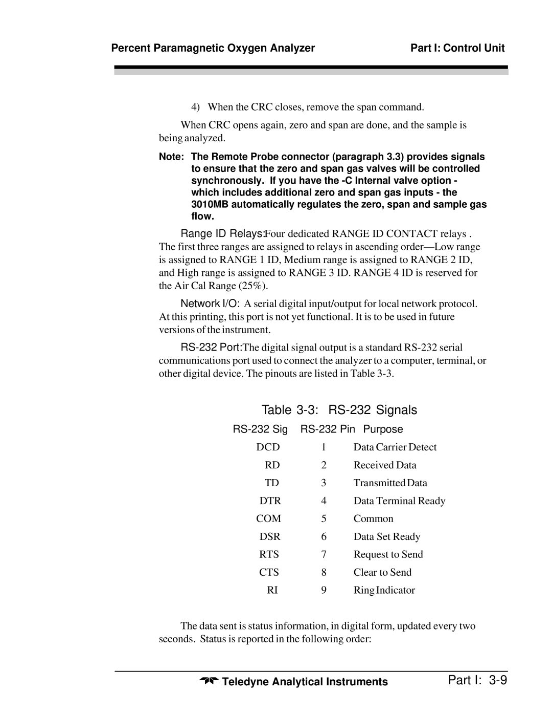 Teledyne 3010MB operating instructions RS-232 Signals, RS-232 Sig RS-232 Pin Purpose 