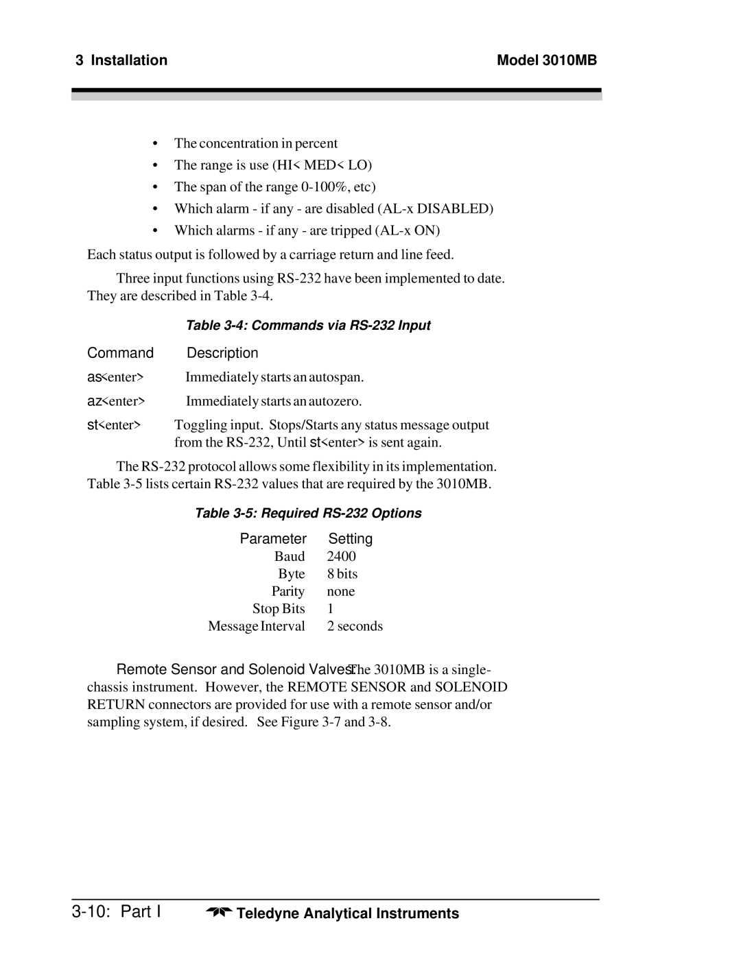 Teledyne 3010MB operating instructions Command Description, Parameter Setting 