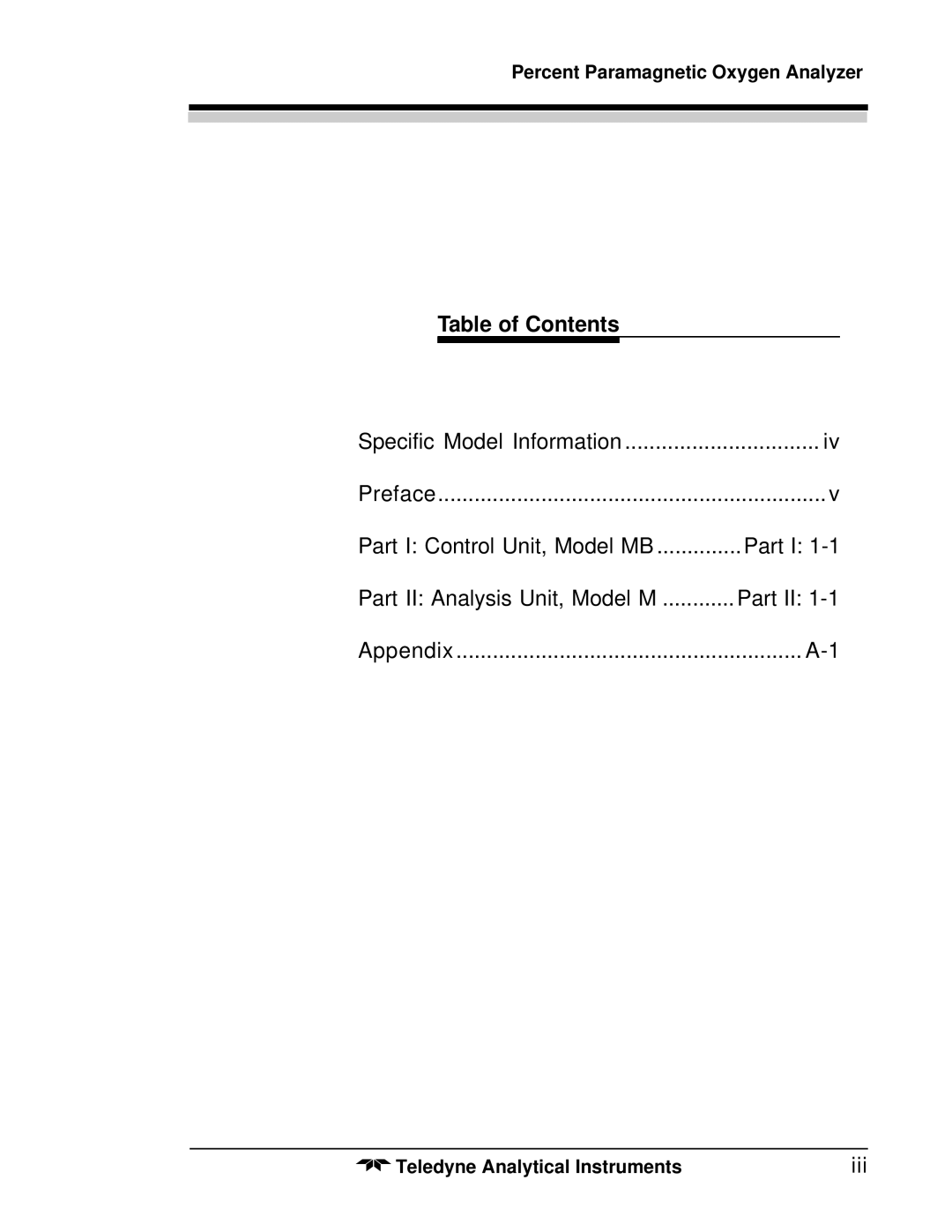 Teledyne 3010MB operating instructions Table of Contents, Iii 