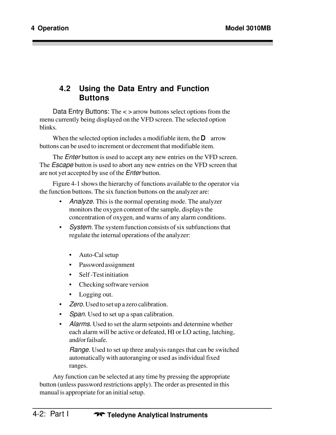 Teledyne operating instructions Using the Data Entry and Function Buttons, Operation Model 3010MB 