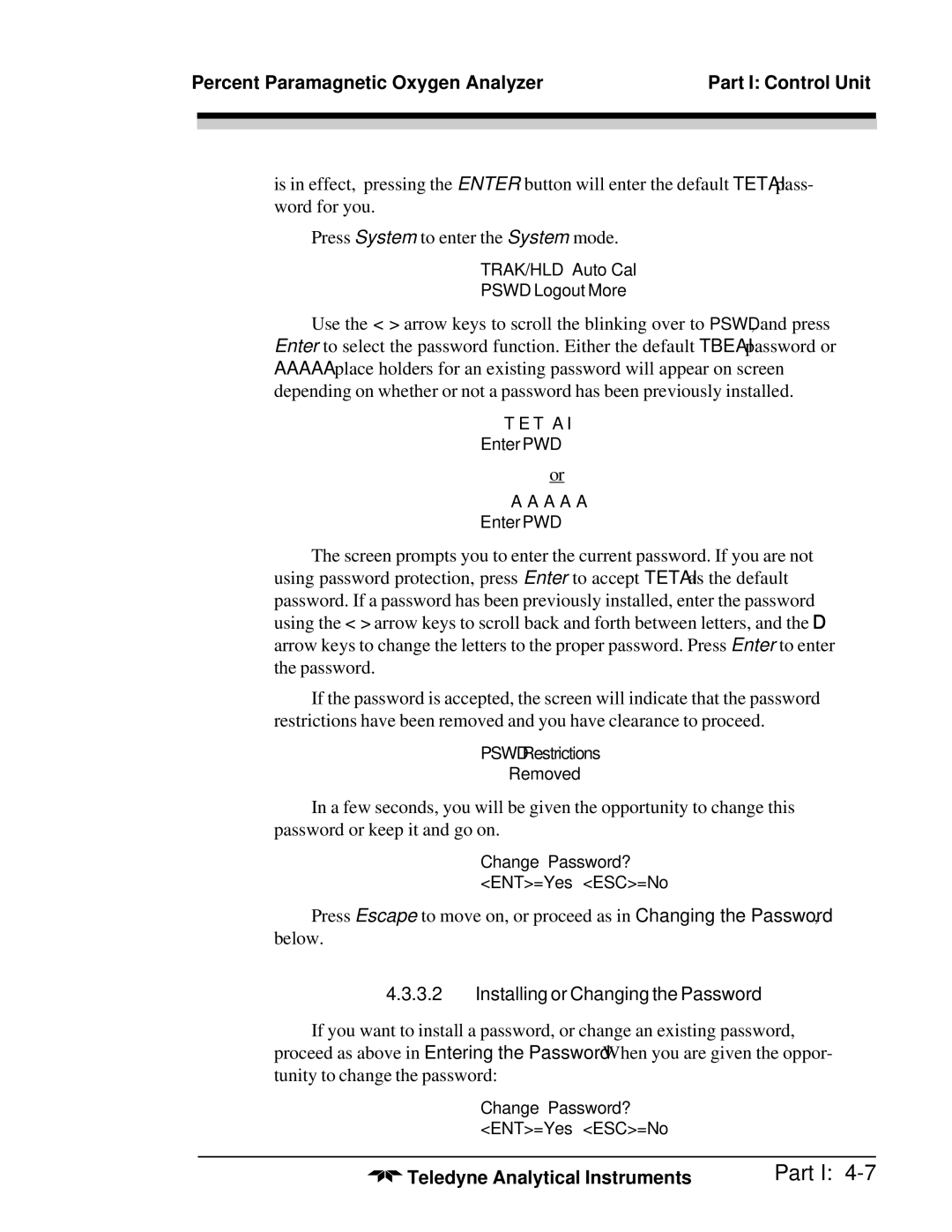 Teledyne 3010MB operating instructions Installing or Changing the Password 