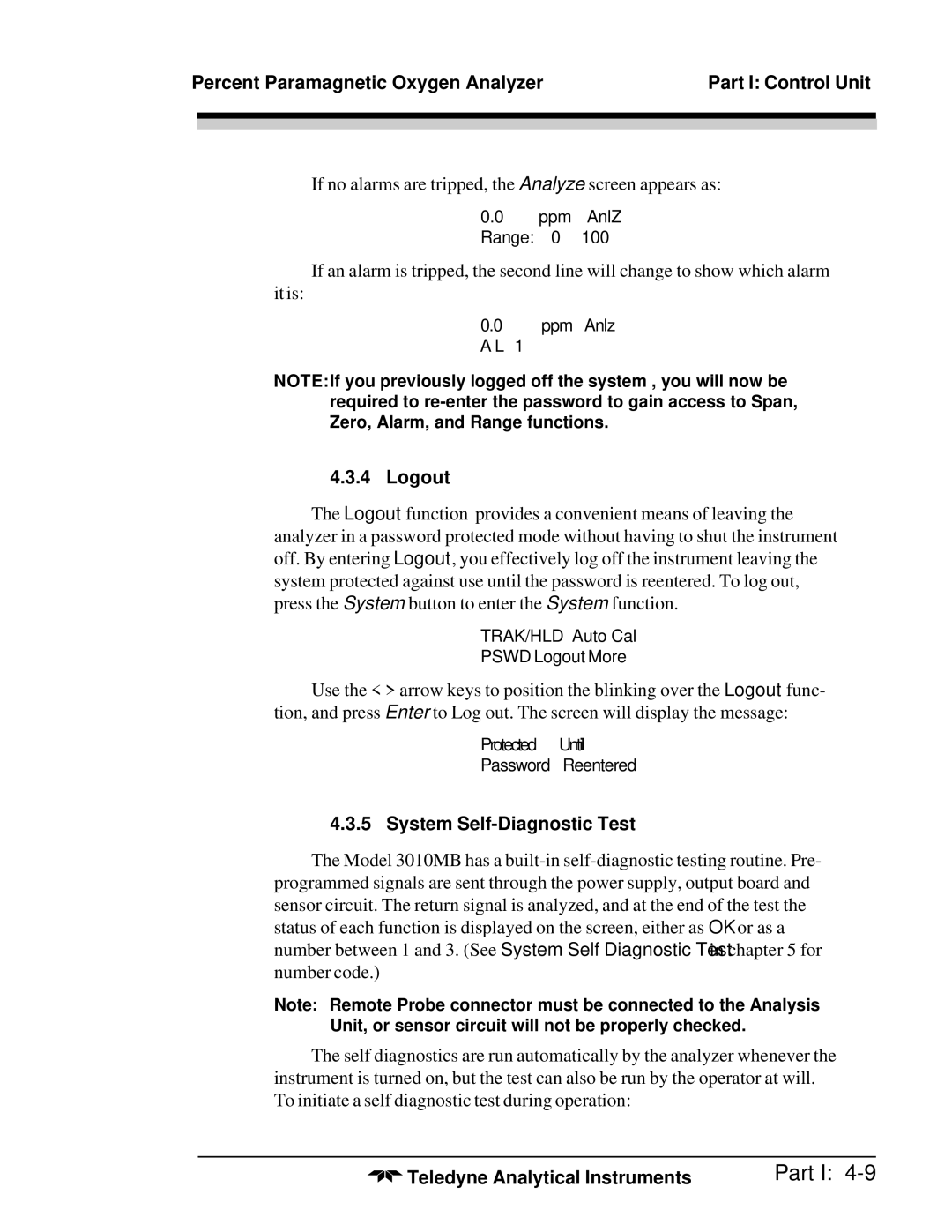 Teledyne 3010MB operating instructions Logout, System Self-Diagnostic Test 