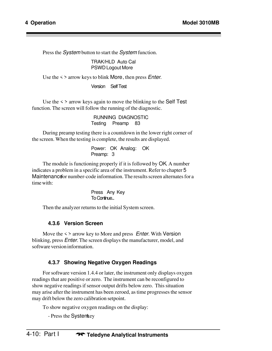 Teledyne 3010MB operating instructions Version Screen, Showing Negative Oxygen Readings 