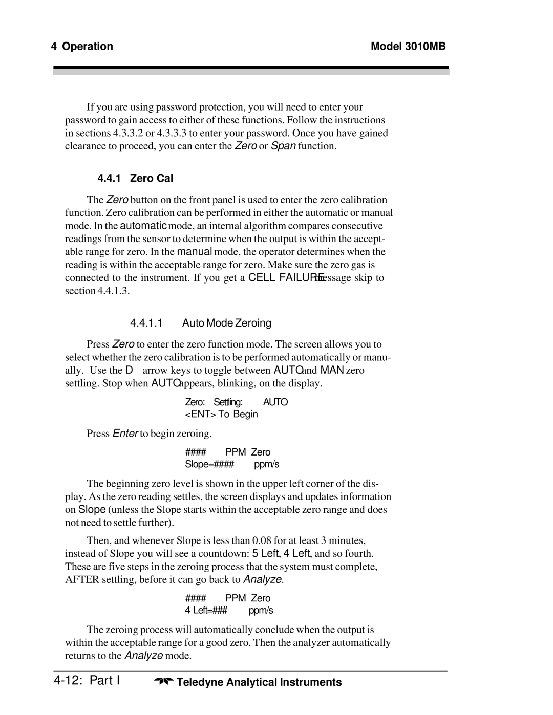 Teledyne 3010MB operating instructions Zero Cal, Auto Mode Zeroing 