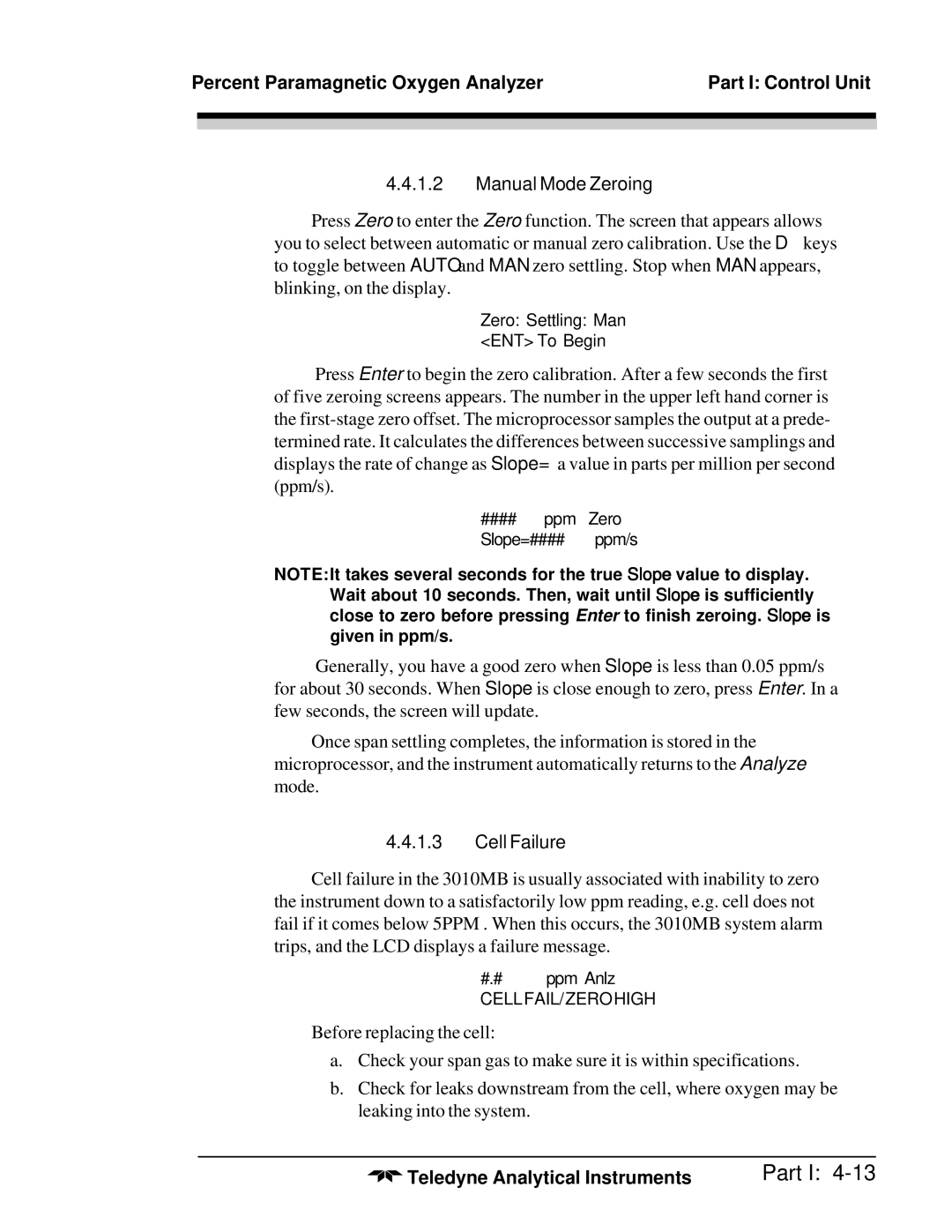 Teledyne 3010MB operating instructions Manual Mode Zeroing, Cell Failure 