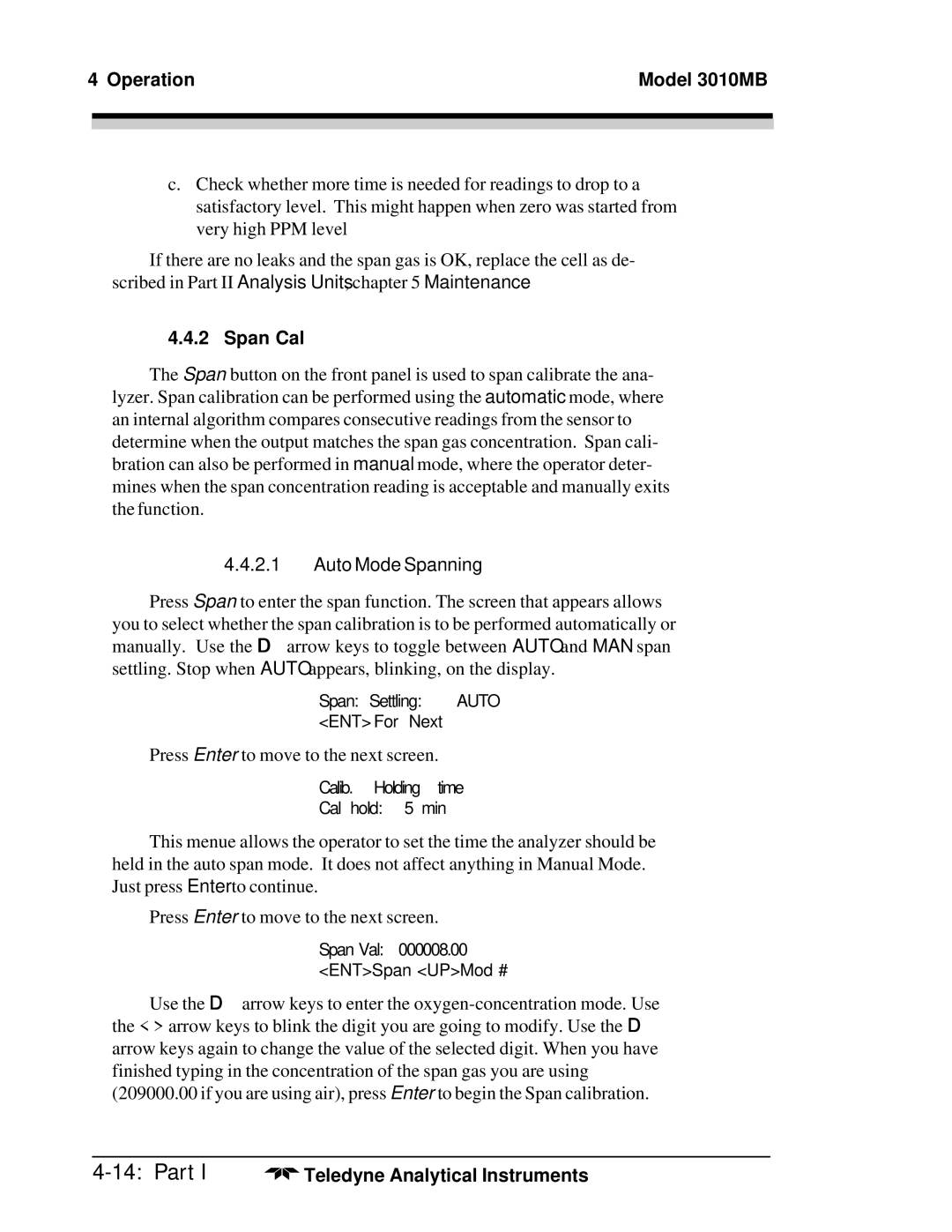 Teledyne 3010MB operating instructions Span Cal, Auto Mode Spanning 