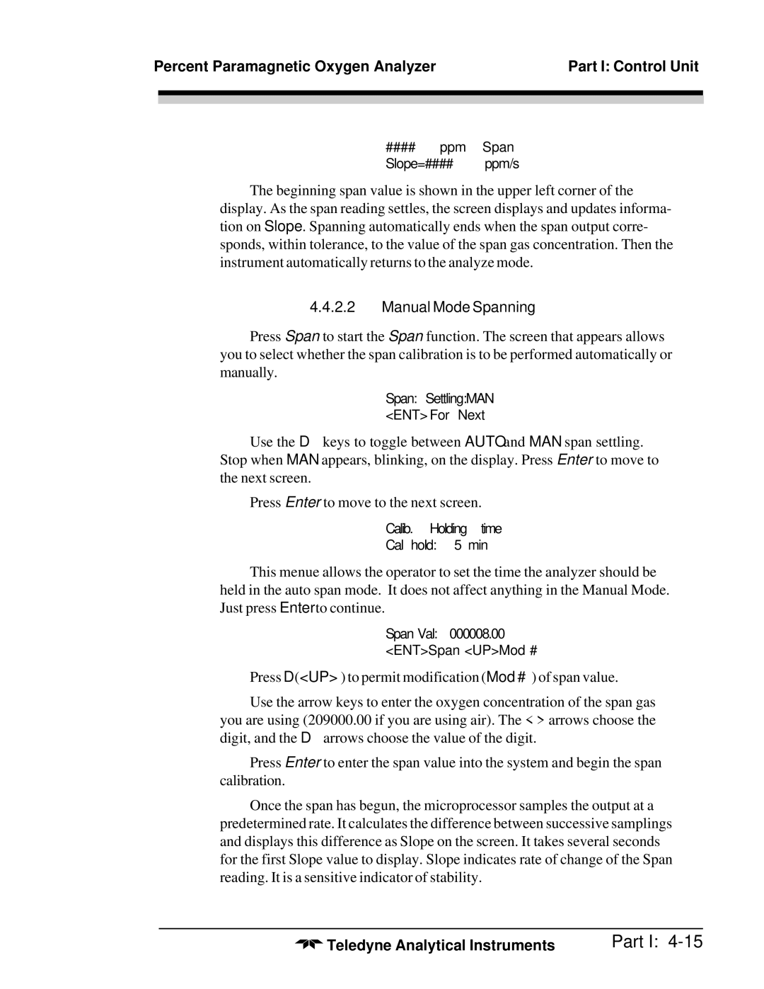 Teledyne 3010MB operating instructions Manual Mode Spanning 