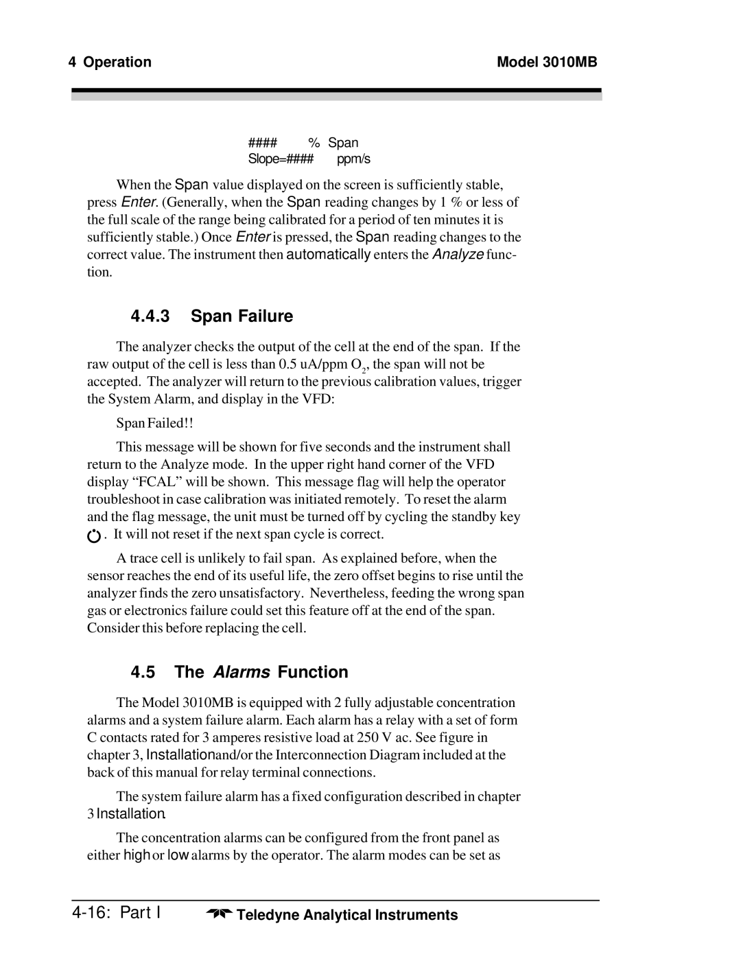 Teledyne 3010MB operating instructions Span Failure, Alarms Function 