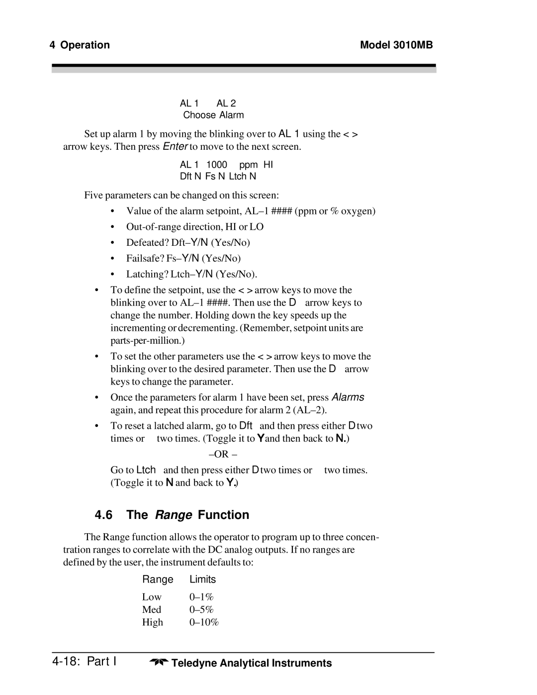 Teledyne 3010MB operating instructions Range Function, Range Limits 