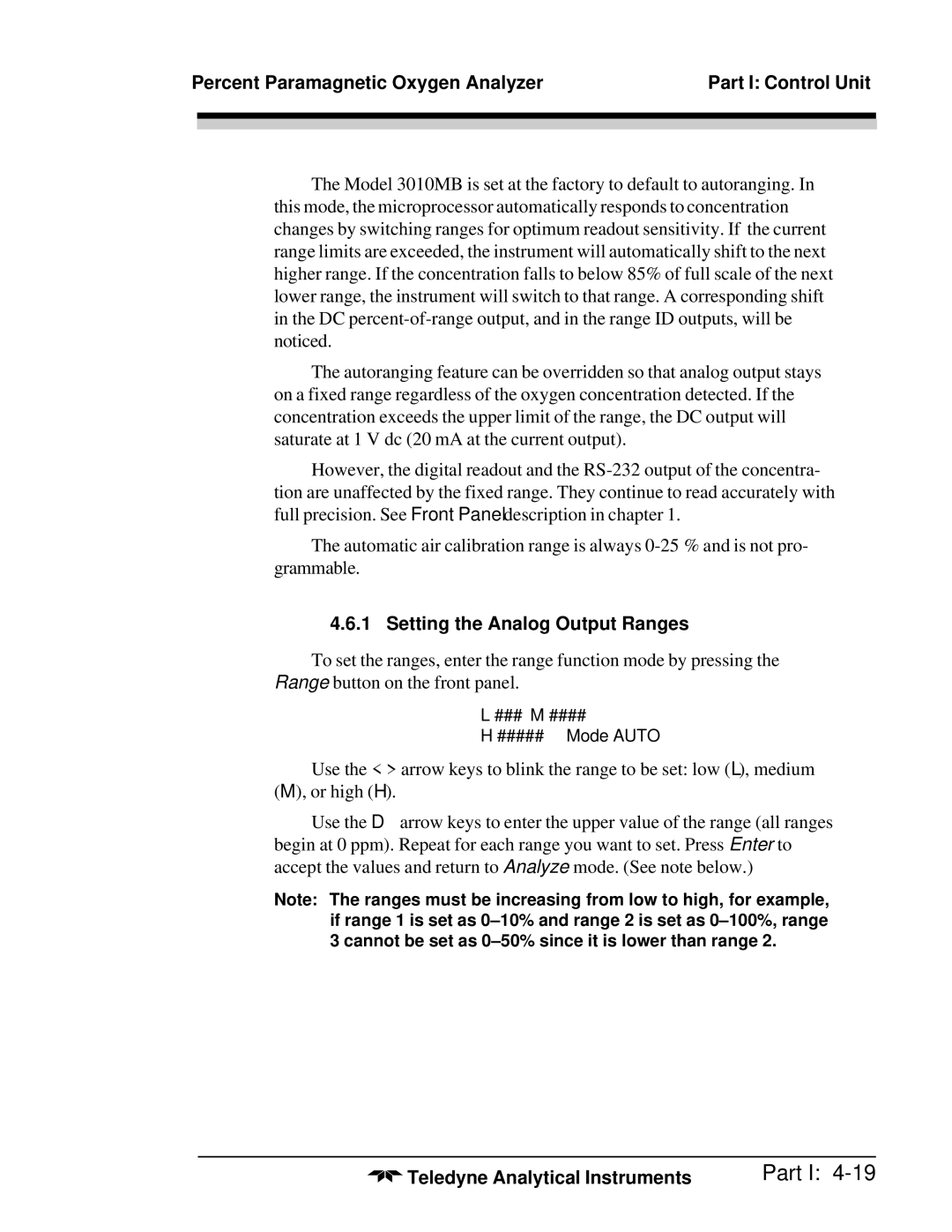 Teledyne 3010MB operating instructions Setting the Analog Output Ranges 