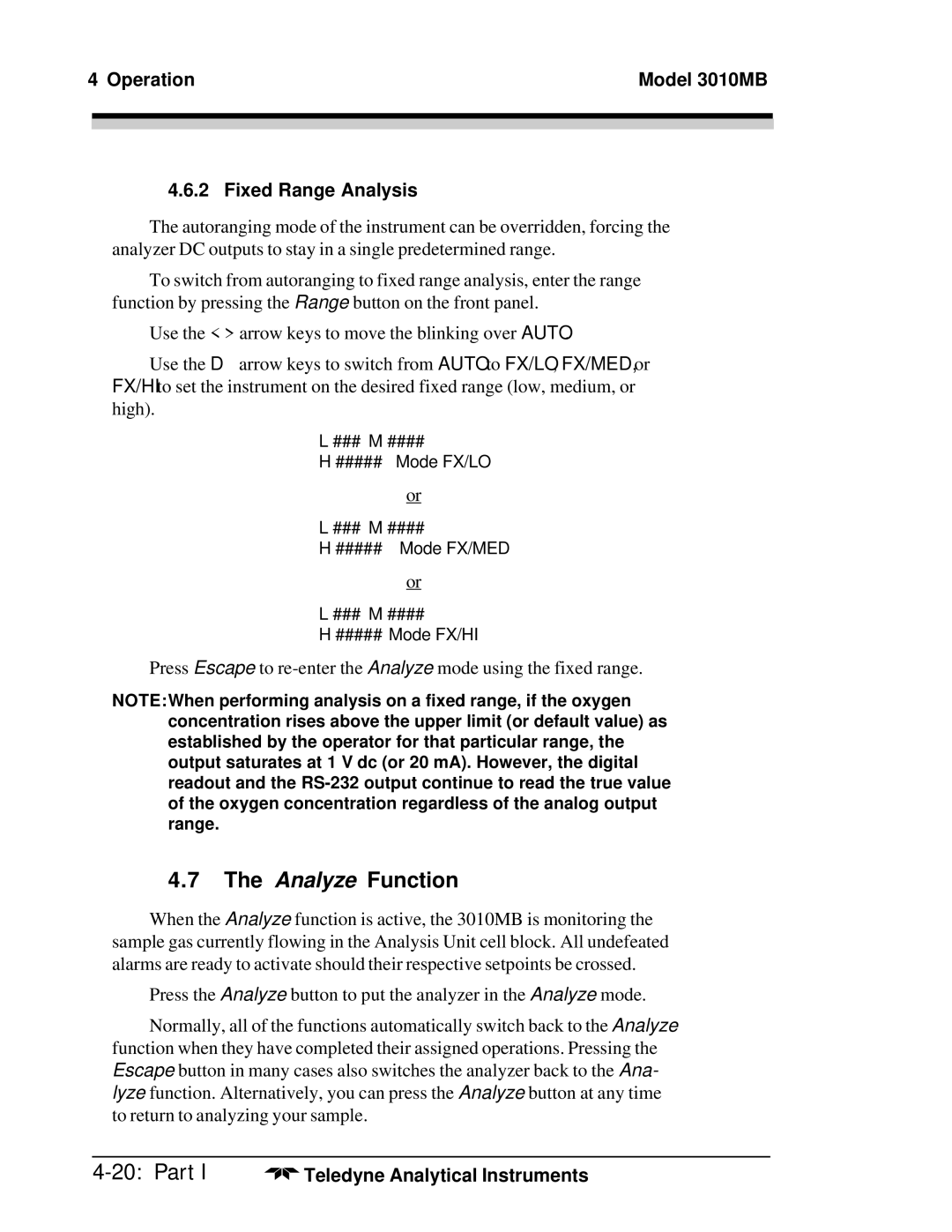 Teledyne operating instructions Analyze Function, Operation Model 3010MB Fixed Range Analysis 