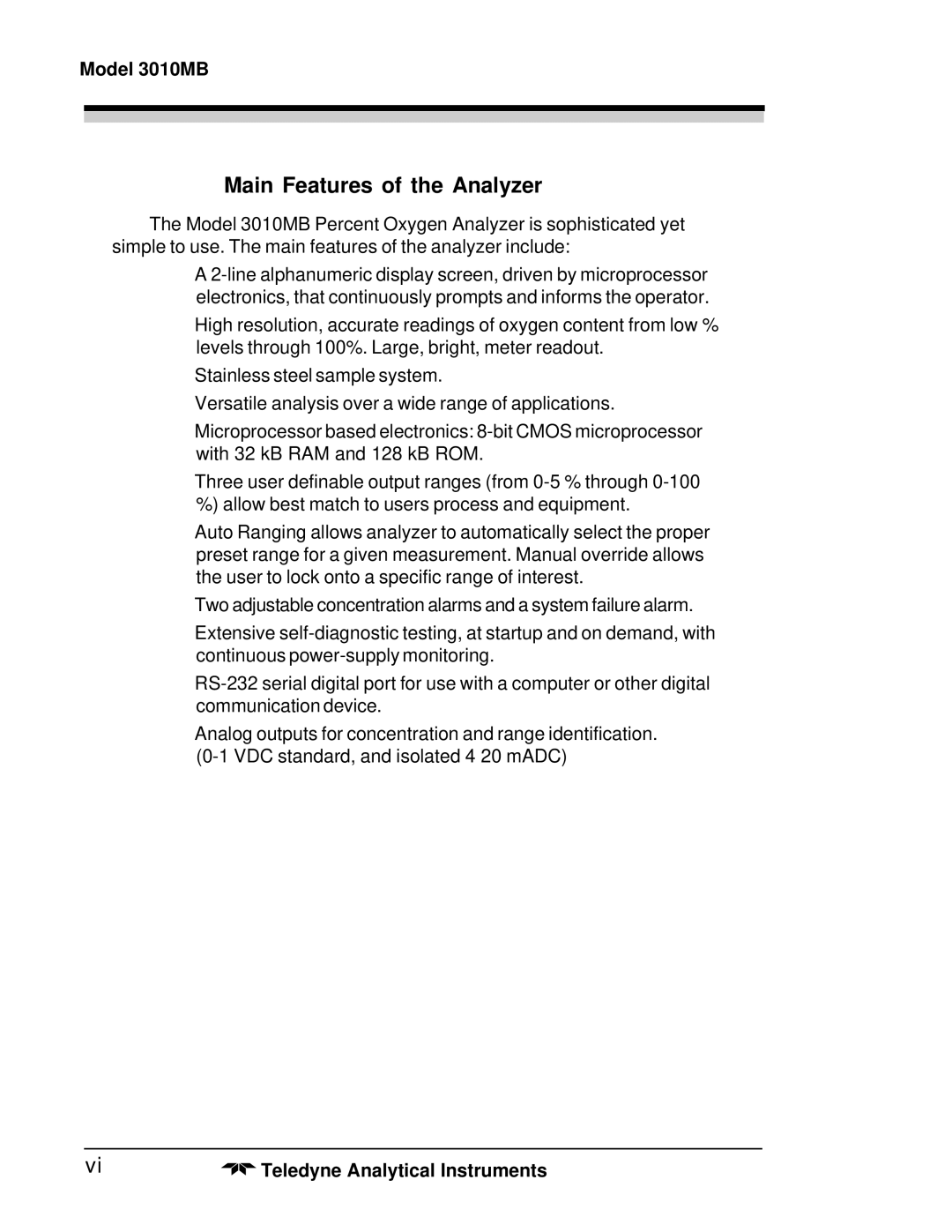 Teledyne 3010MB operating instructions Main Features of the Analyzer 