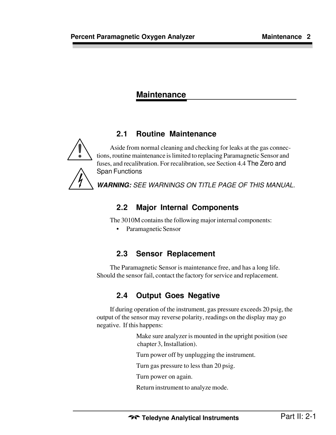 Teledyne 3010MB operating instructions Routine Maintenance, Sensor Replacement, Output Goes Negative 