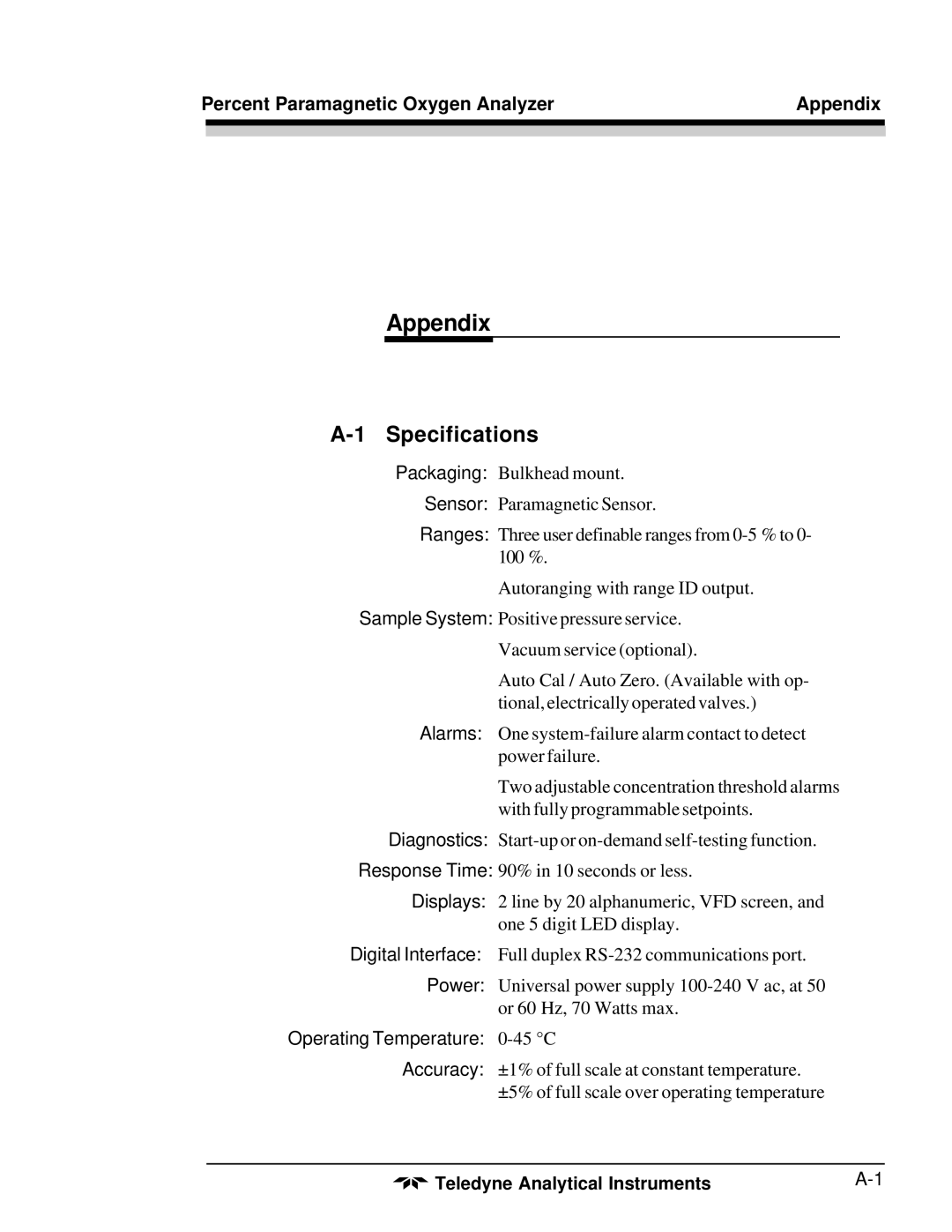 Teledyne 3010MB Specifications, Percent Paramagnetic Oxygen Analyzer Appendix, Operating Temperature 0-45 C 