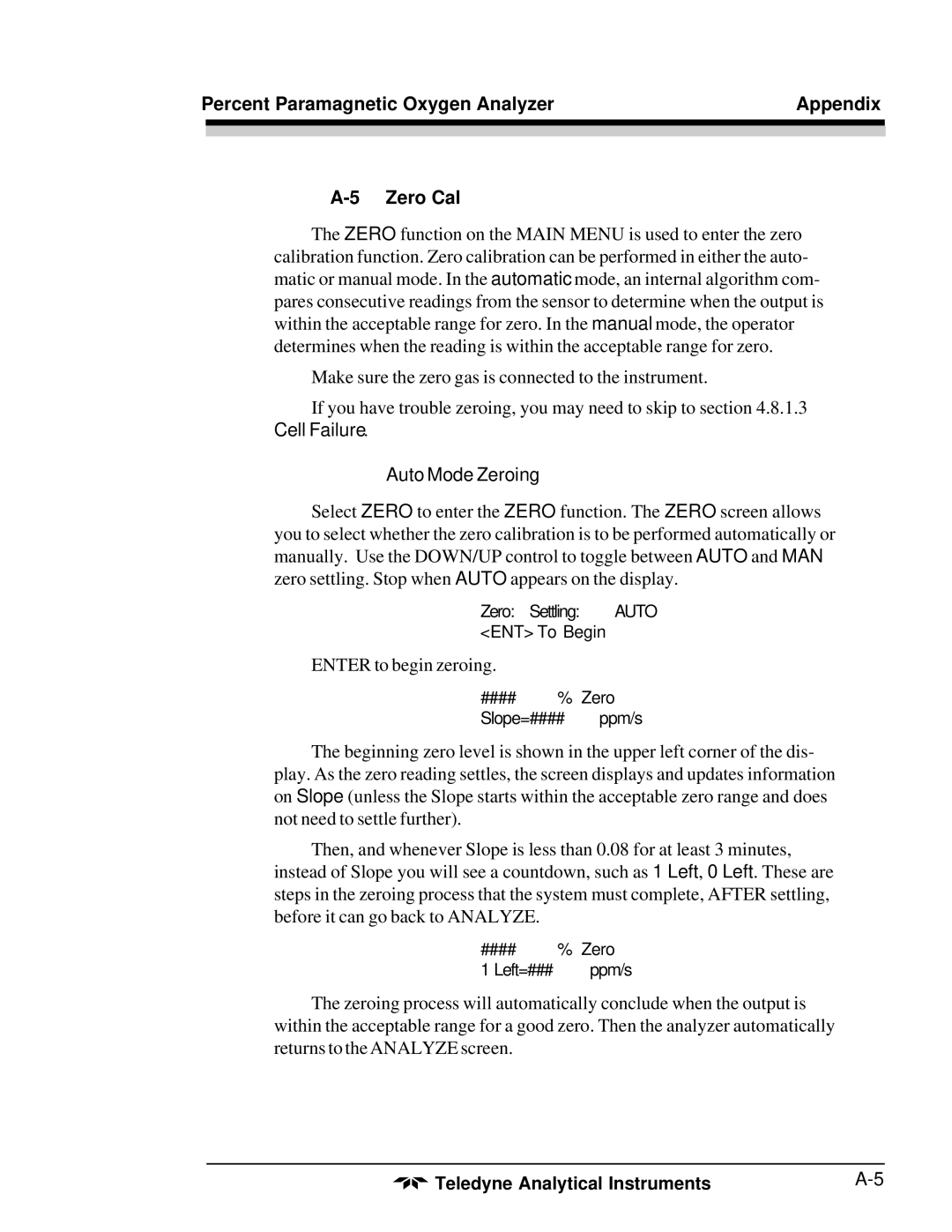 Teledyne 3010MB operating instructions Percent Paramagnetic Oxygen Analyzer Appendix Zero Cal, Auto Mode Zeroing 