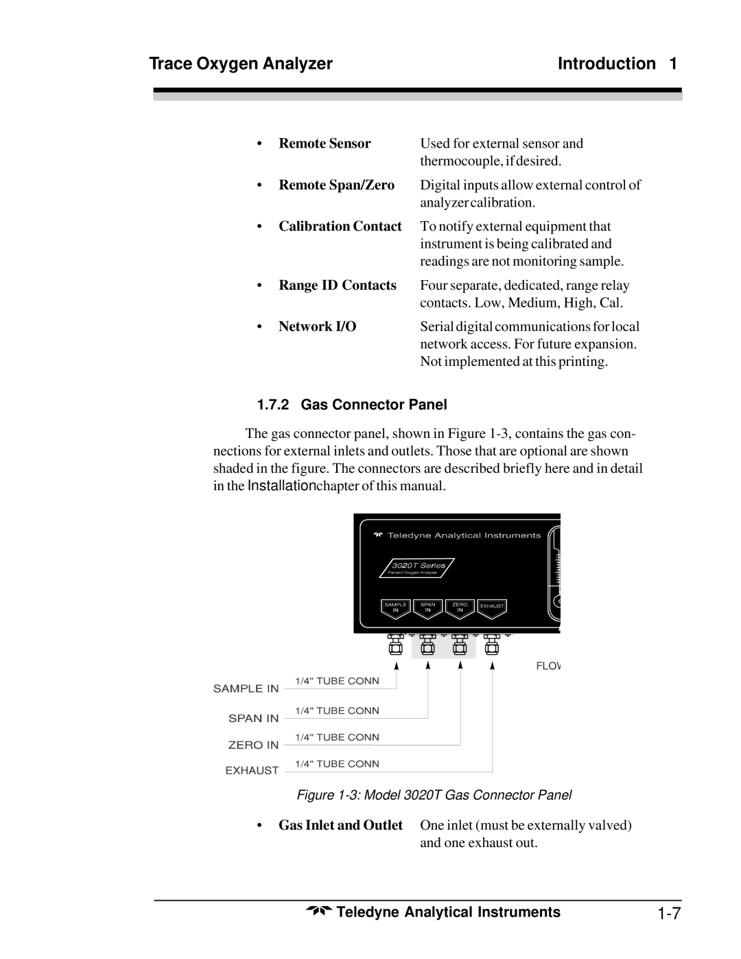 Teledyne 3020T operating instructions Remote Sensor, Network I/O, Gas Connector Panel 