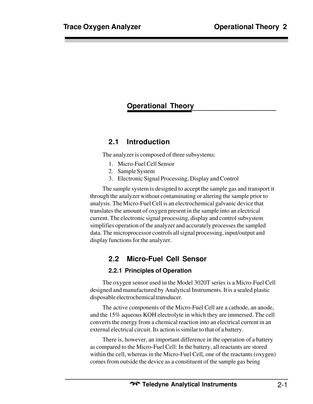 Teledyne 3020T operating instructions Operational Theory Introduction, Micro-Fuel Cell Sensor, Principles of Operation 