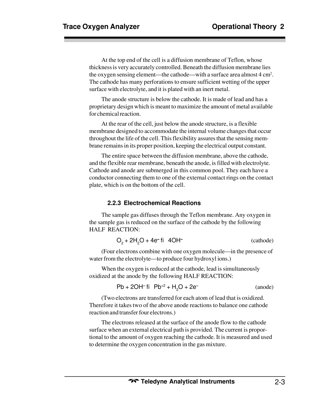 Teledyne 3020T operating instructions Electrochemical Reactions, + 2H 2O + 4e → 4OH 