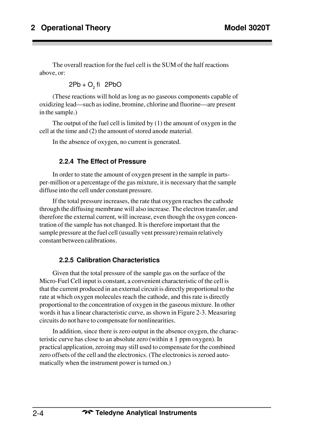 Teledyne 3020T operating instructions Effect of Pressure, Calibration Characteristics 