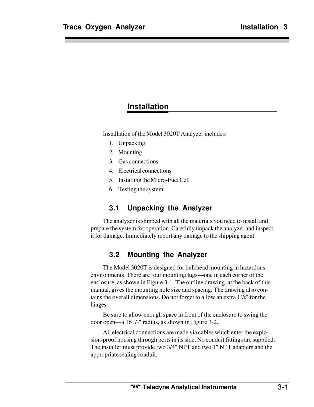 Teledyne 3020T operating instructions Trace Oxygen Analyzer Installation, Unpacking the Analyzer, Mounting the Analyzer 