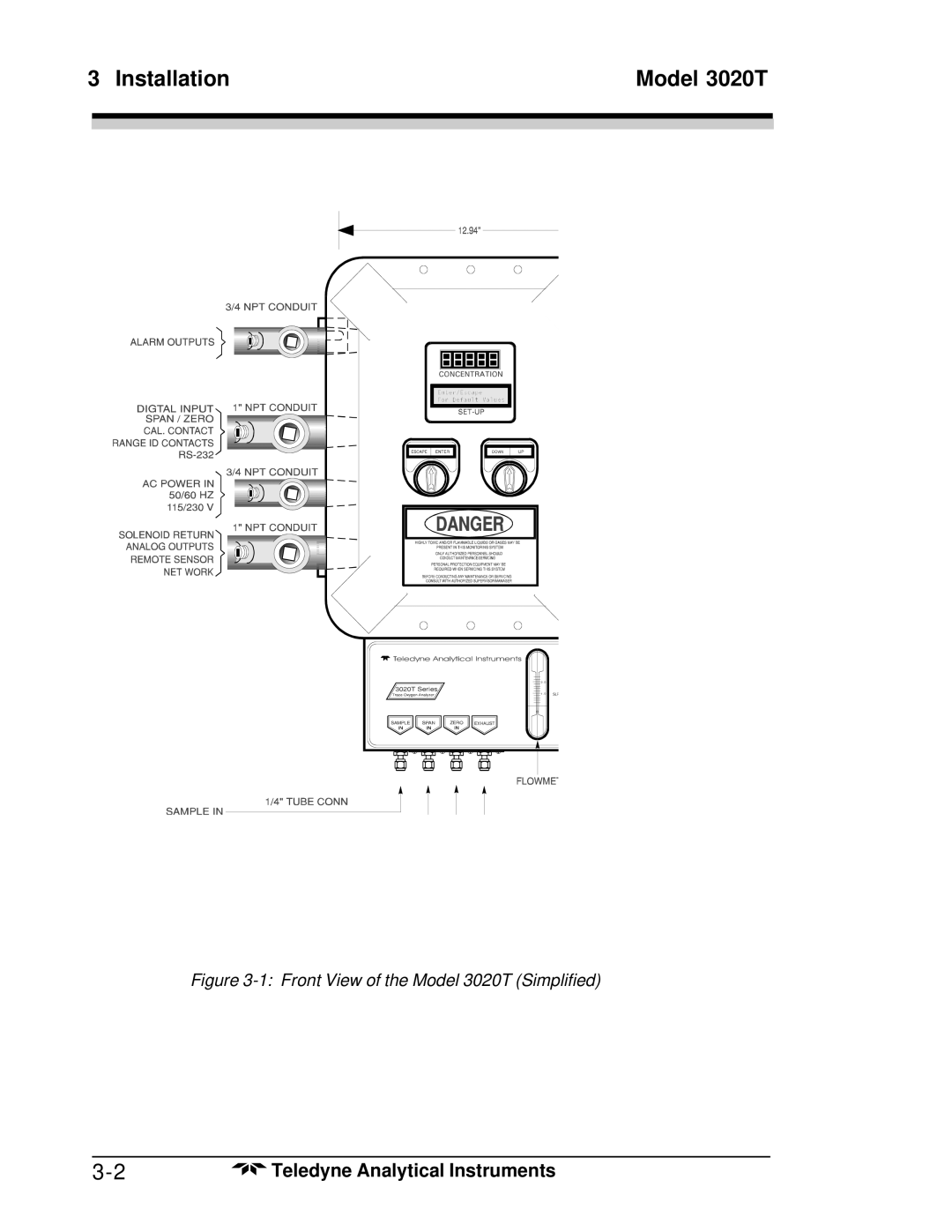 Teledyne operating instructions Front View of the Model 3020T Simplified 