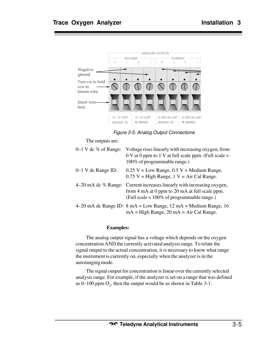 Teledyne 3020T operating instructions Examples, Analog Output Connections 