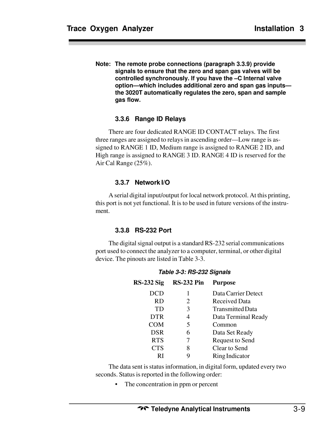 Teledyne 3020T operating instructions Range ID Relays, Network I/O, 8 RS-232 Port, RS-232 Sig RS-232 Pin Purpose 