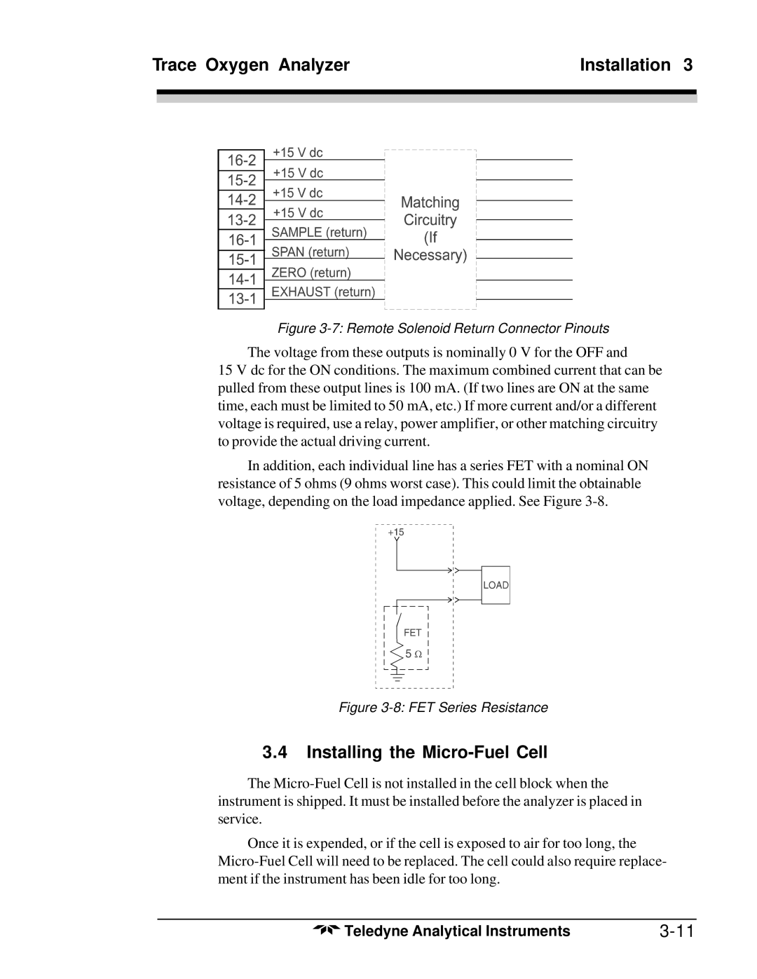 Teledyne 3020T operating instructions Installing the Micro-Fuel Cell, Remote Solenoid Return Connector Pinouts 