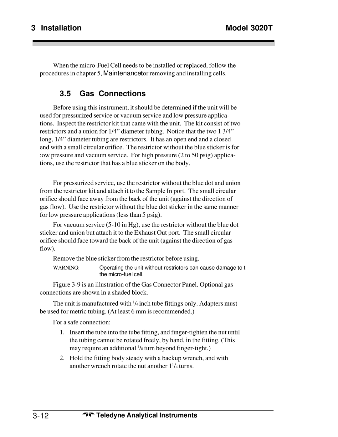 Teledyne 3020T operating instructions Gas Connections 