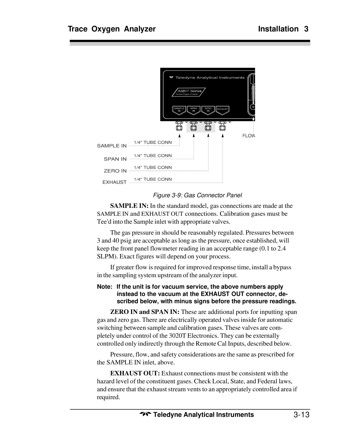 Teledyne 3020T operating instructions Gas Connector Panel 