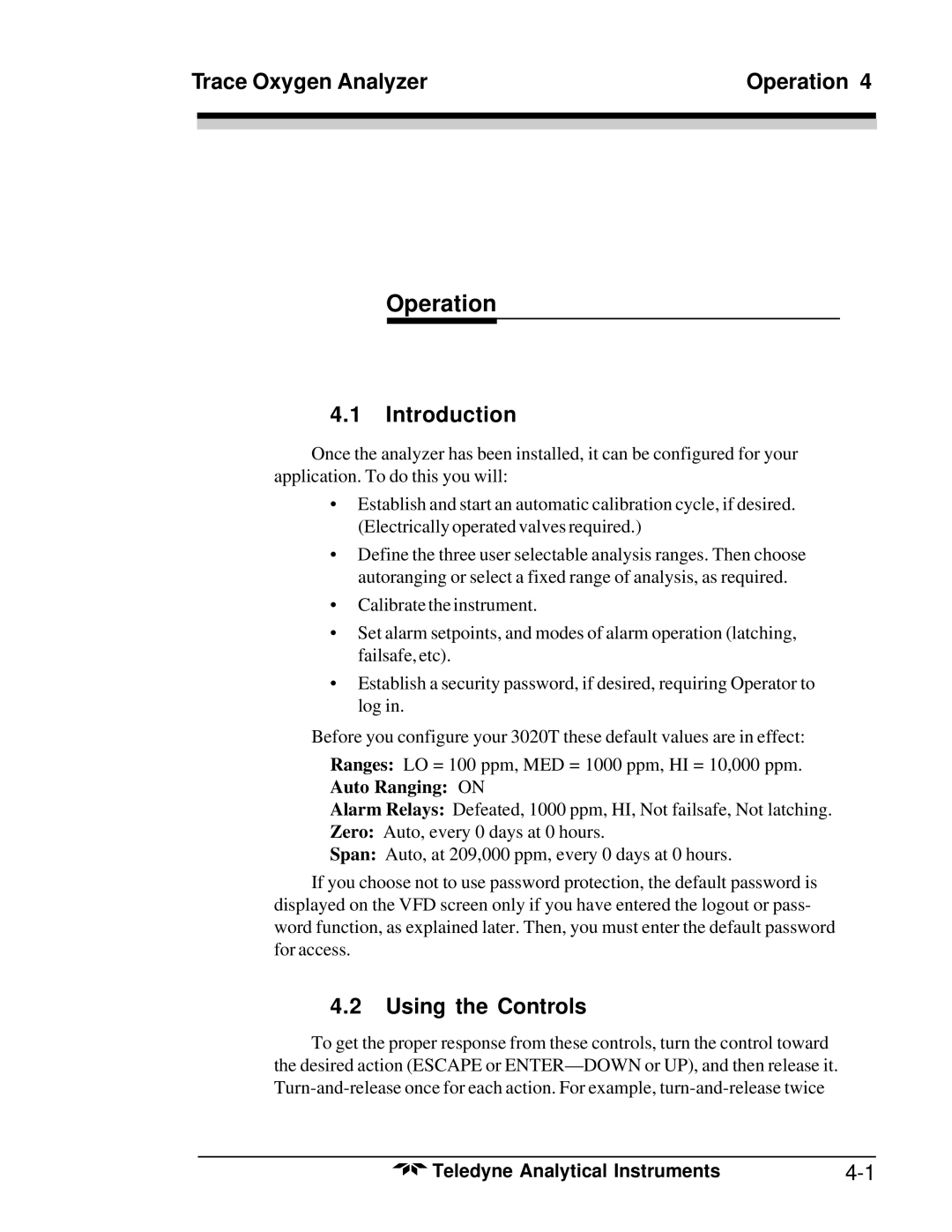 Teledyne 3020T operating instructions Trace Oxygen Analyzer Operation, Using the Controls, Auto Ranging on 