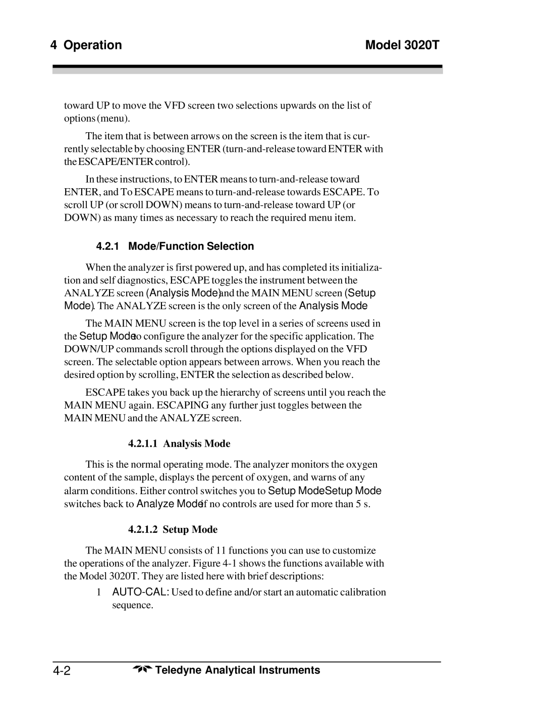 Teledyne 3020T operating instructions Mode/Function Selection, Analysis Mode, Setup Mode 