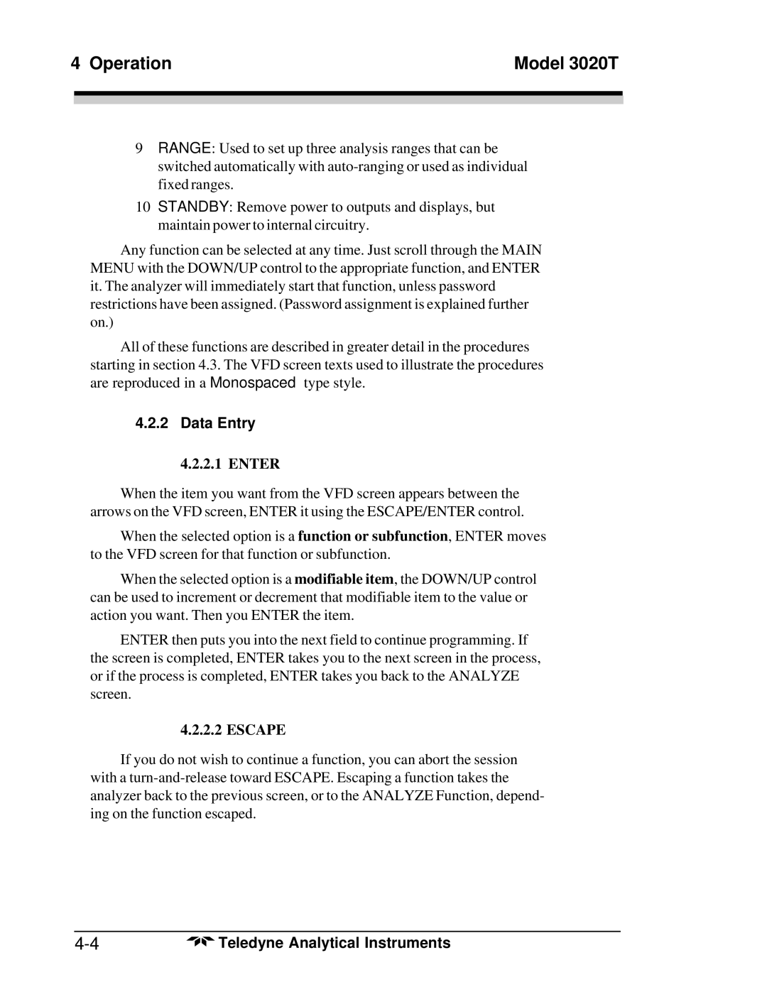 Teledyne 3020T operating instructions Data Entry, Enter, Escape 