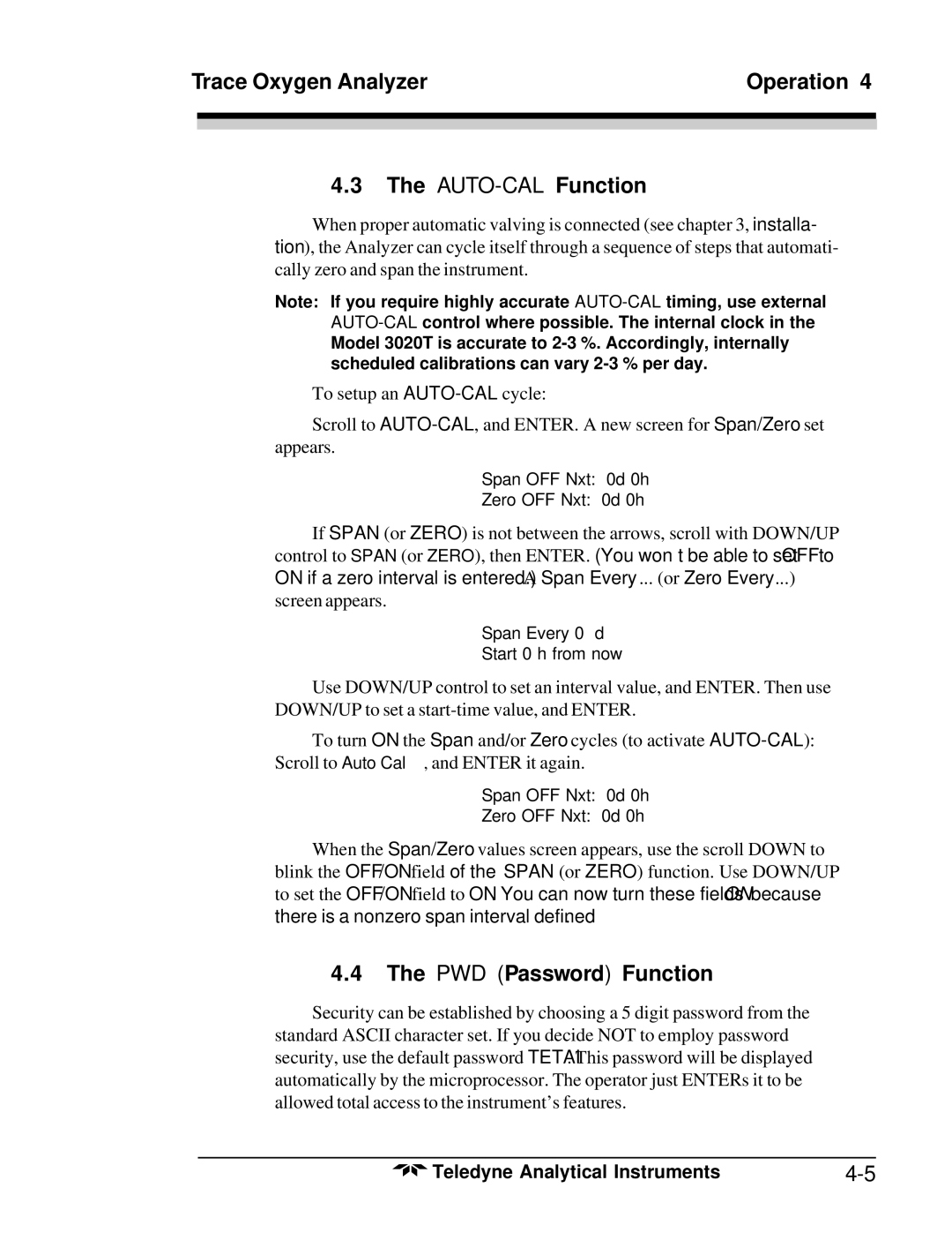 Teledyne 3020T operating instructions Trace Oxygen Analyzer Operation AUTO-CALFunction, PWD Password Function 