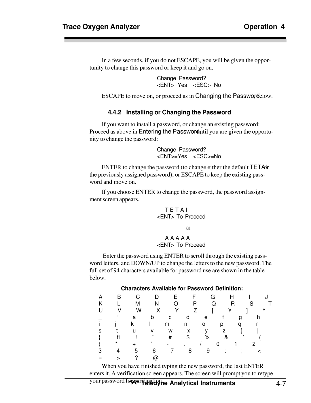 Teledyne 3020T operating instructions Trace Oxygen Analyzer Operation, Installing or Changing the Password 