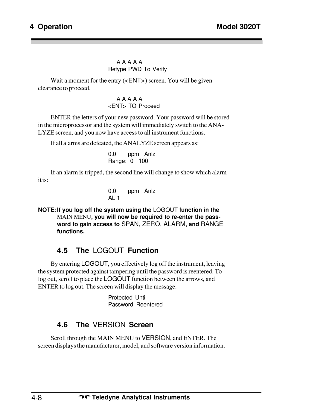 Teledyne 3020T operating instructions Logout Function, Version Screen 