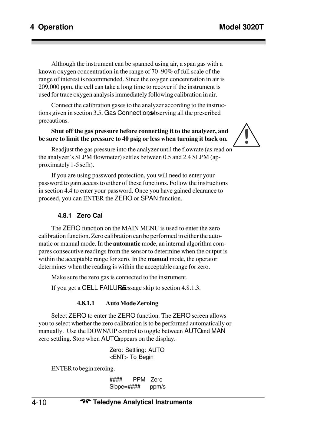 Teledyne 3020T operating instructions Zero Cal, Auto Mode Zeroing 